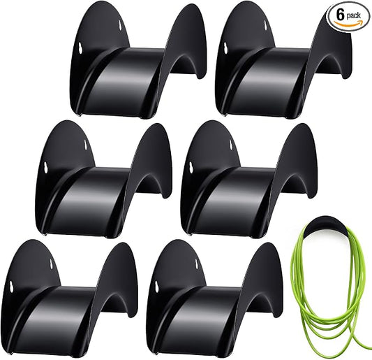 Thyle 6 Pcs Heavy Duty Wall Mount Garden Hose Holder, Metal Water Hose Rack with Screws Black Rustproof Storage Organizer for Outside Yard Lawn Garage