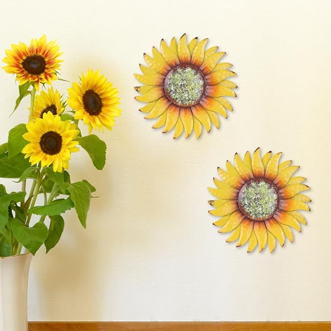 hogardeck Metal Sunflower Wall Decor - 2 Pcs 6'' Metal Flower Wall Art Outdoor Backyard Decorations Sunflower Kitchen Bathroom Decor Hanging for Indoor, Outdoor, Living Room, Bedroom