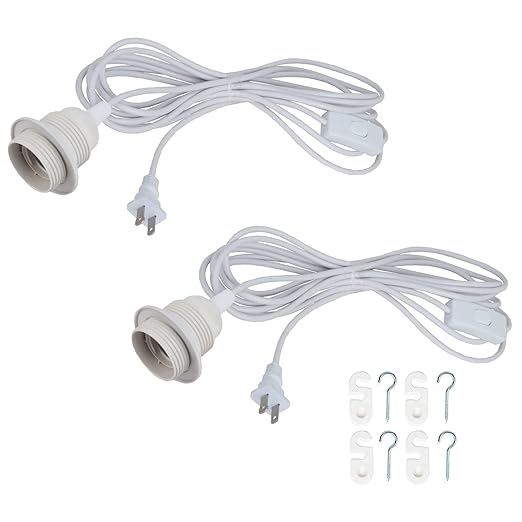 HESSION 15.6ft Plug in Pendant Light, 2-Pack Light Sockets Extension Cord, White Hanging Light Cord E26/E27 Latern Pendant Light Fixtures with ON/Off Switch