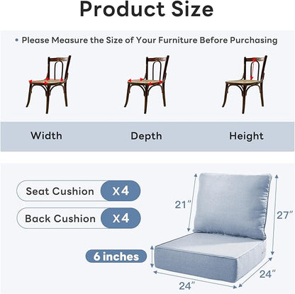 6" Thicker Outdoor Chair Cushion 4 Sets - 24" *24" *6" Waterproof Patio Furniture Cushions with Removable Cover, 28D High Density Sponge Filling Thicken Outdoor Patio Cushions - Baby Blue