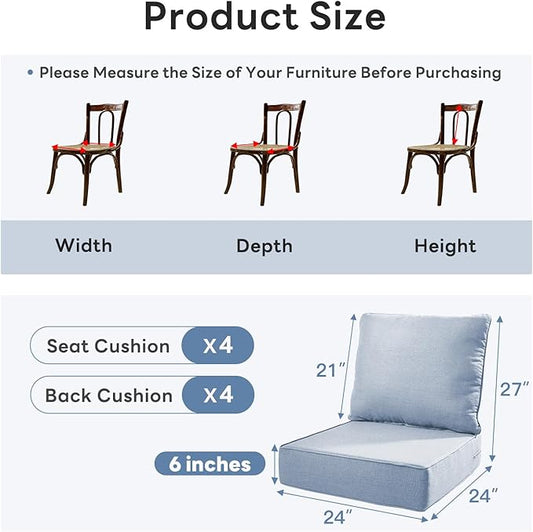6" Thicker Outdoor Chair Cushion 4 Sets - 24" *24" *6" Waterproof Patio Furniture Cushions with Removable Cover, 28D High Density Sponge Filling Thicken Outdoor Patio Cushions - Baby Blue