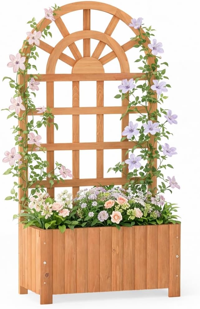 Giantex Wooden Raised Garden Bed with Arched Trellis, 48” Fir Wood Outdoor Elevated Planter Box Privacy Screen with Drainage Holes, Vertical Garden Bed for Climbing Plants, Patio Balcony Backyard