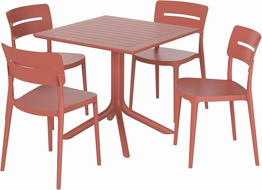 Costaelm 5-Piece Outdoor Dining Set, HDPE Patio Square Bistro Table and Stackable Chairs Sets for 4, Patio Furniture All Weather for Backyard Poolside, Red