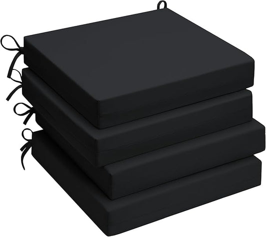UNIKOME Outdoor Chair Cushions Pack of 4, Water Resistant Patio Cushions with Ties, High Density Sponge Filling Square Corner Seat Cushions for Outdoor Furniture, 19"*19"*3", Black