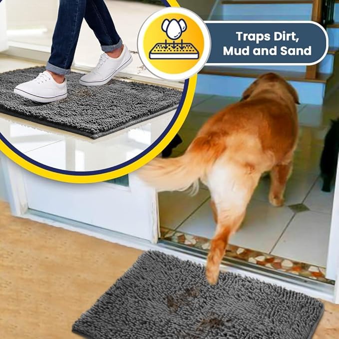 Muddy Mat® | Super Water Absorbent Door Mat Indoor, Microfiber Quick Dry Chenille Entryway Rug, Slip Resistant Front Door Mat, Indoor Mats for Entryway, Machine Washable Pet Rug, Grey 20" x 33"