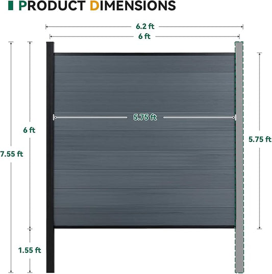 Mondaria Privacy Fence for Outside, 6ftx6ft Outdoor Privacy Panels with In-ground Post, Wind Resistant Wood Plastic Composite Fencing for Patio, Backyard, Garden and Swimming Pool (Gray with 1 Post)