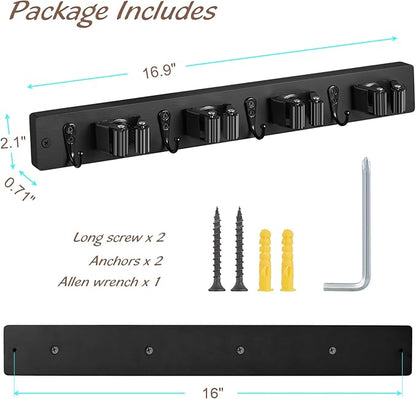 OUTNILI 2 Pack Black Mop Broom Holder Wall Mount - Wood Broom Mop Hanger - Wall Mounted Garden Tool Rack Organizer for Closet Garage Laundry Room, 4 Slots & 4 Hooks