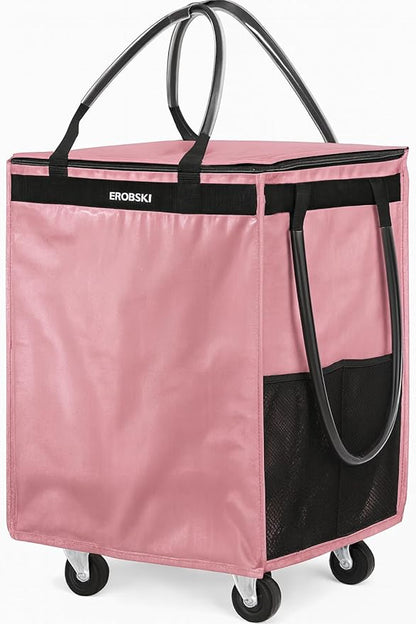 (Medium,Pink) Reusable Grocery Bag on Wheels, 70L Foldable Rolling Tote, Carries Up to 66 lbs Shopping Trolley, Zipper Clouser Shopping Carts for Trips, Laundry, 4 Heavy Duty Wheels and 3 Handles