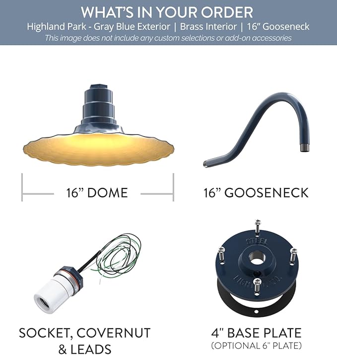 Steel Lighting Co. Highland Park Barn Light | Outdoor Wall Mounted | 16 inch Radial Wave | 16" Gooseneck | Vintage Style Made in America | Gray Blue Exterior/Brass Interior