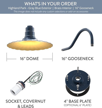 Steel Lighting Co. Highland Park Barn Light | Outdoor Wall Mounted | 16 inch Radial Wave | 16" Gooseneck | Vintage Style Made in America | Gray Blue Exterior/Brass Interior
