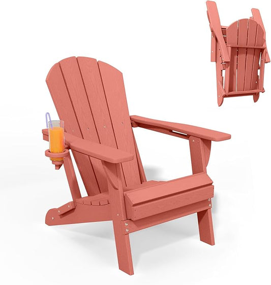 Folding Adirondack Chair with Cup Holders, HDPE Plastic Outdoor Chairs, Weather Resistant, Real Wood Look for Patio, Deck, Fire Pit, Backyard, Coral