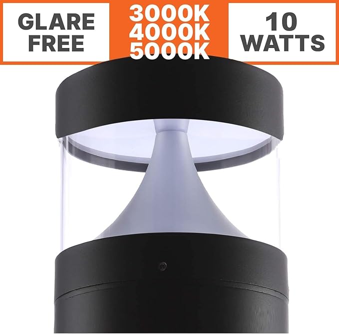 LightingLabs Led Bollard Landscape Lighting 10 Watts 25 Inch 3CCT 3000/4000/5000K 120-277V Outdoor Pathway Light Wired Ideal for Garden, Commercial Driveway Rated IP65 ETL Listed Circular Flat Clear