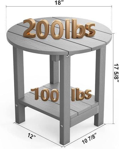 MXIMU Round Outdoor Side Table Adirondack Tables 18 Inch Chairside End Tables with Storage Shelf, 2-Tier Plastic Patio Side Table, Weather Resistant for Balcony Backyard Lawn (Grey, 2 Pack)