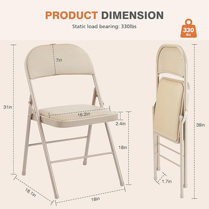 Sweetcrispy Folding Chair 2 Pack, Leather Padded Folding Chairs, Sturdy Metal Foldable Chairs, Easy to Use and Store, Outdoor and Indoor, for Home, Office, Party, Comfy, Kahki