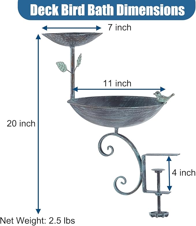 2 in 1 Bird Bath for Deck Railing and Balcony, Bird Feeders for Outdoors with Heavy Duty Clamp, Unique for Outside and Blue Birdfeeder Suitable for Garden Porch Backyard