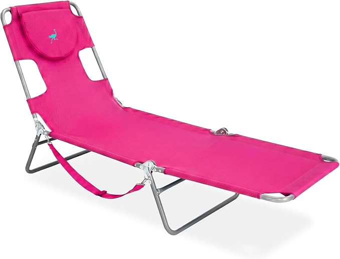 Ostrich the Original Chaise 72 x 22 Inch Lounge Portable Reclining Lounger, Outdoor Patio, Beach, Lawn, Camping, or Pool Tanning Chair, Pink