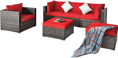 HAPPYGRILL 6PCS Patio Conversation Set Outdoor Furniture Set Rattan Wicker Sectional Sofa Set with Soft Cushions Coffee Table Ottoman for Backyard Garden Poolside