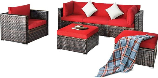 HAPPYGRILL 6PCS Patio Conversation Set Outdoor Furniture Set Rattan Wicker Sectional Sofa Set with Soft Cushions Coffee Table Ottoman for Backyard Garden Poolside