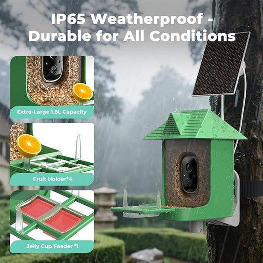 AI Smart Bird Feeder with 2K HD Camera, 1.8L Capacity, Built-in Solar Panel for Continuous Use, 2.4Ghz WiFi Birdhouse, Squirrel-Proof, Wireless Outdoor Camera with Real-Time Alerts - Bi rd Gift Set