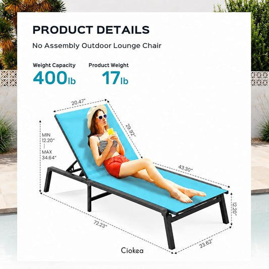 Ciokea Patio Chaise Lounge Chair Set of 4, Foldable Lounge Chair for Outside, Aluminum Chairs with 5 Adjustable Backrest, Outdoor Pool Lounger for Poolside, Lawn, Patio, Lake Blue