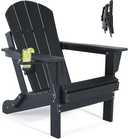 Folding Adirondack Chairs - Plastic Adirondack Chair with Cup Holder, Outdoor Chairs Weather Resistant for Outside, Patio, Lawn, Garden, Backyard Deck, Fire Pit - Black