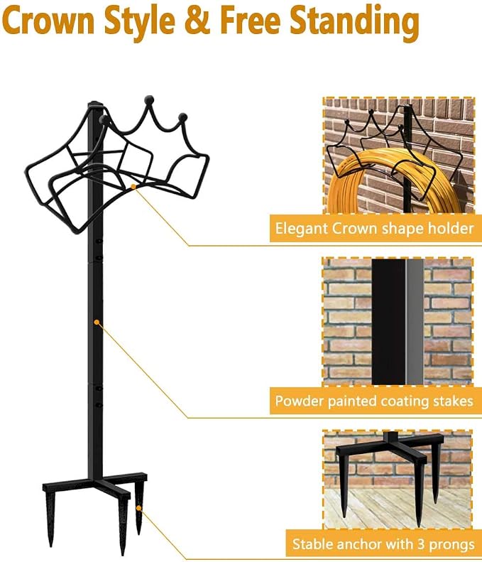Garbuildman Garden Hose Holder with 3 Spikes, Freestanding Metal Hose Stand for Outdoor Garden, Detachable Hose Storage Rack for Lawn & Yard, Crown Black