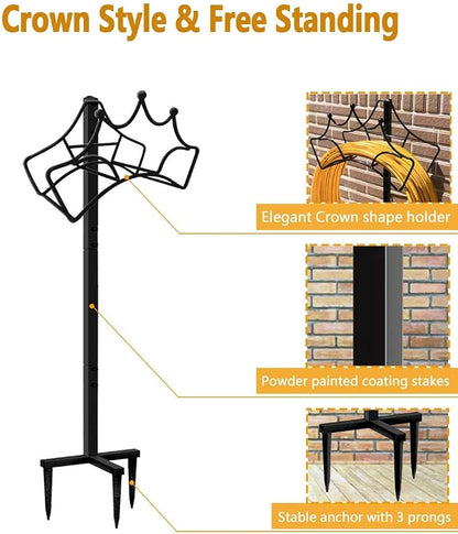 Garbuildman Garden Hose Holder with 3 Spikes, Freestanding Metal Hose Stand for Outdoor Garden, Detachable Hose Storage Rack for Lawn & Yard, Crown Black