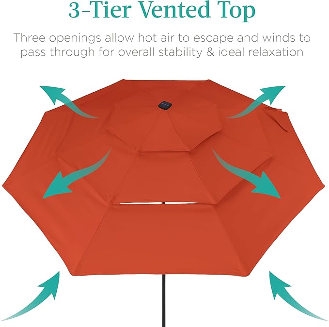 Best Choice Products 10ft 3-Tier Solar Patio Umbrella, Outdoor Market Sun Shade for Backyard, Deck, Poolside w/ 24 LED Lights, Tilt Adjustment, Easy Crank, 8 Ribs - Rust