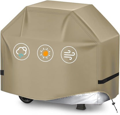 BBQ Gas Grill Cover for Outdoor, Anti-UV, Rip-Proof, 600D Oxford Fade Resistant Material, Barbecue Cover with Hook and Loop Straps & Adjustable Hem Drawstring (Beige, 60”x24”x44”)