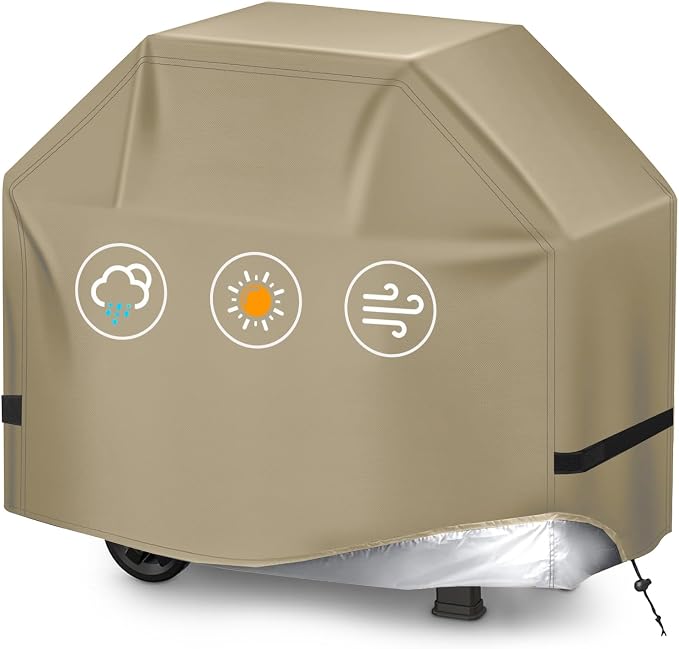BBQ Gas Grill Cover for Outdoor, Anti-UV, Rip-Proof, 600D Oxford Fade Resistant Material, Barbecue Cover with Hook and Loop Straps & Adjustable Hem Drawstring (Beige, 65”x24”x44”)