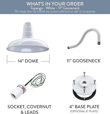 Steel Lighting Co. Topanga Barn Light | Outdoor Wall Mounted | Farmhouse Garage Light Made in America | 14 inch Dome | 11 inch Gooseneck | White Exterior/White Interior
