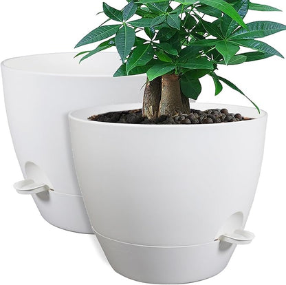 UOUZ 12inch 2Pack Large Self Watering Planters, Plastic Plant Pots with 60oZ Removable Deep Reservoir and Multi Mesh Drainage Holes for Indoor Outdoor Garden Plants and Flowers, White