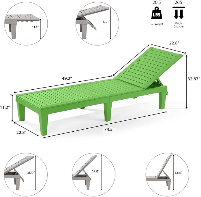Nestl Sun Tanning Chair - Lime Green Chaise Lounge Chair Outdoor, Lightweight Pool Lounge Chairs Set of 4, Adjustable 5-Position Reclining Lawn Chair, Waterproof Beach Outdoor Lounge Chairs