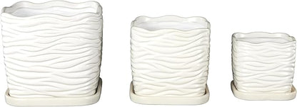Deco 79 Ceramic Indoor Outdoor Planter Wavy Ribbed Large Planter Pot with Attached Saucer, Set of 3 Planters 7",6",5" H, White
