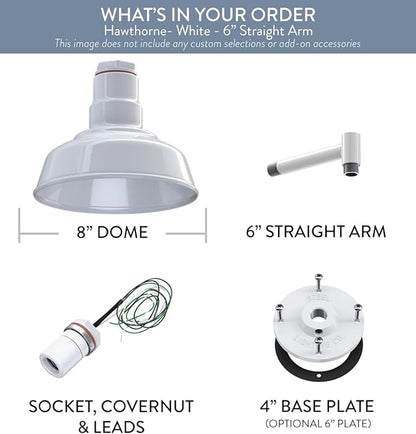 Steel Lighting Co. | Dusk to Dawn | Hawthorne Barn Light | Outdoor Wall Mounted | 8 in Dome | 6 in Straight Arm| Small Farmhouse Light Made in America | White Exterior/White Interior