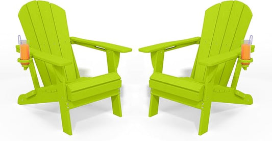 Folding Adirondack Chair with Cup Holders Set of 2, HDPE Plastic Outdoor Chairs, Weather Resistant, Real Wood Look for Patio, Deck, Fire Pit, Backyard, Apple Green