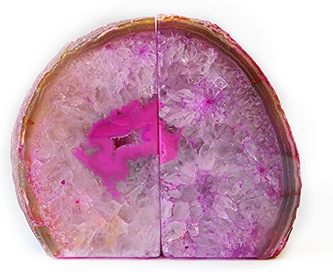 JIC Gem Decorative Crystal Book Ends Polished Dyed Pink Color Geode Brazilian Agate Bookends with Rubber Bumpers Small Size(1 Pair, 2-3 LBS)