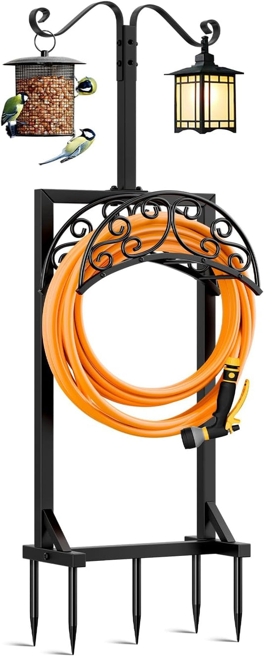 Garden Hose Holder for Outside - Upgraded Water Hose Holders with 5 Spikes & 2 Shepherds Hooks, Freestanding Hose Stand Heavy Duty Hose Hanger Hose Storage Hose Reel Rack for Outside Yard Lawn