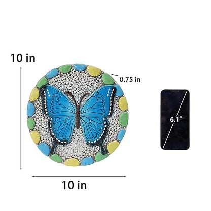 Decorative Butterfly Garden Stepping Stone - Round 10-Inch Concrete, Multi-Colored with Blue Design, Pebble Background for Outdoor Pathways Cynkeyee