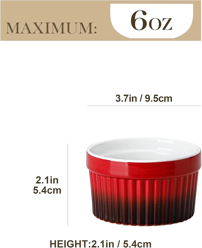 MALACASA Ramekins 6 oz Oven Safe, Small Ceramic Souffle Dishes for Creme Brulee Souffle, Stoneware Custard Cups Ramiken for Baking, Dessert Bowls Dipping Sauce Dish Set of 6, Red, Series RAMEKIN-DISH