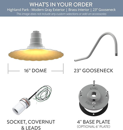Steel Lighting Co. Highland Park Barn Light | Outdoor Wall Mounted | 16 inch Radial Wave | 23" Gooseneck | Vintage Style Made in America | Modern Gray Exterior/Brass Interior