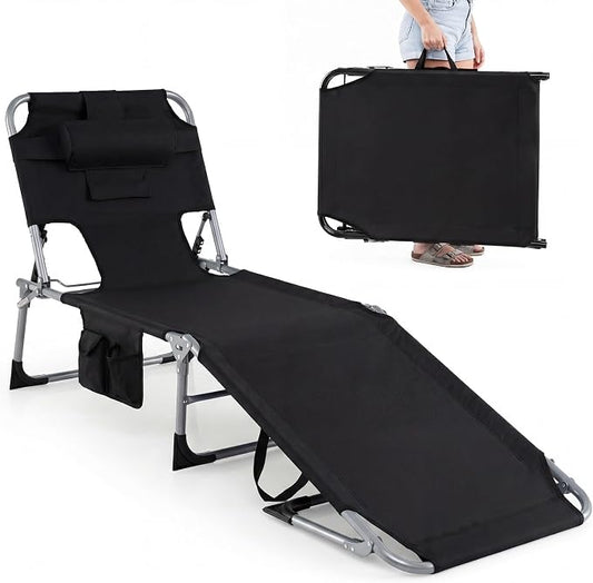 GYMAX Tanning Chair with Face Hole, Sun Bathing Lounge Chairs for Outside with Side Pocket, Folding Portable Face Down Layout Tanning Chair Beach, Backyard, Poolside, Lawn (Black,1)