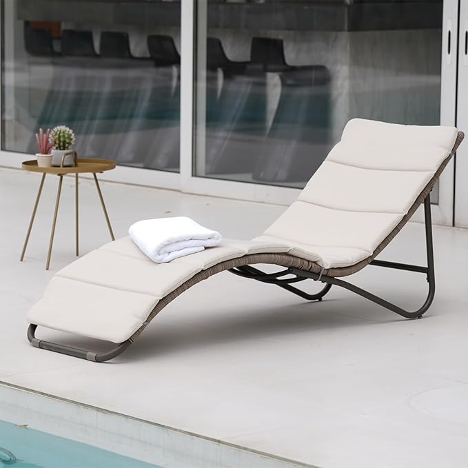 Grand patio Outdoor Chaise Lounge Sunbathing Chair Arc Lounger with Wicker Cushion Multipurpose Lounge Chair for Poolside, Tan