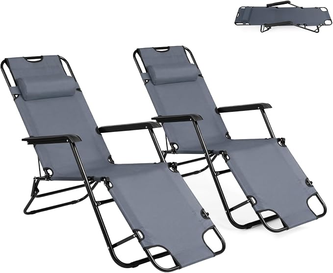 Outvita Folding Chaise Lounge Chair, Outdoor Adjustable Recliner Chair with Pillow for Camping, Beach, Poolside, Garden, Backyard, Lawn