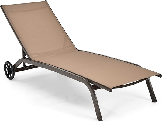 COSTWAY Chaise Lounge Chair Outdoor with Wheels, 6-Position Adjustable Tanning Chair with Stable Aluminum Frame, Portable Sun Bathing Lounge Chair for Backyard, Garden, Poolside, Coffee