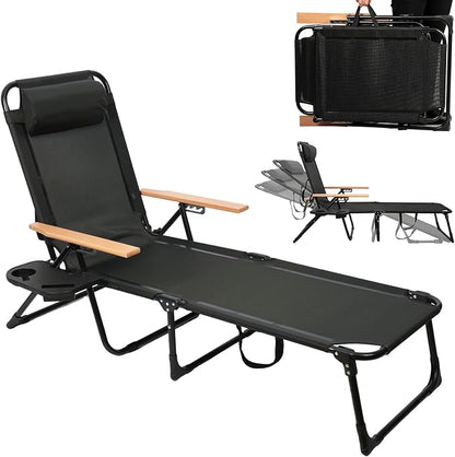 Folding Chaise Lounge Chair Outdoor, Folding Sun Lounger with 4-Position Reclining Back, Foldable Tanning Chair with Adjustable Headrest, Beach Lounge Chair for Poolside Backyard Camping (Black)