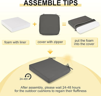 downluxe Waterproof Outdoor Chair Cushions for Patio Furniture, 19" x 19" x 2" Patio Chair Cushion with Non-Slip Ties & Portable Handle, Square Outdoor Cushion with Removable Cover, Dark Grey, 2 Pack