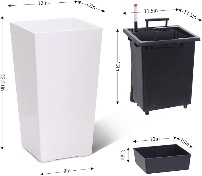 2 Pack Tall Self-Watering Planter Pots with Water Level Indicator, 12"l x 12"w x 22.5"h, Modern Flower Pots with Inner Bucket Handles and Water Injection Port for Indoor Outdoor Plants, White