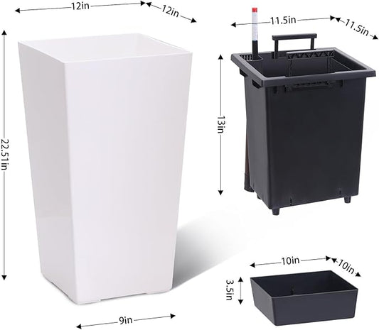 2 Pack Tall Self-Watering Planter Pots with Water Level Indicator, 12"l x 12"w x 22.5"h, Modern Flower Pots with Inner Bucket Handles and Water Injection Port for Indoor Outdoor Plants, White