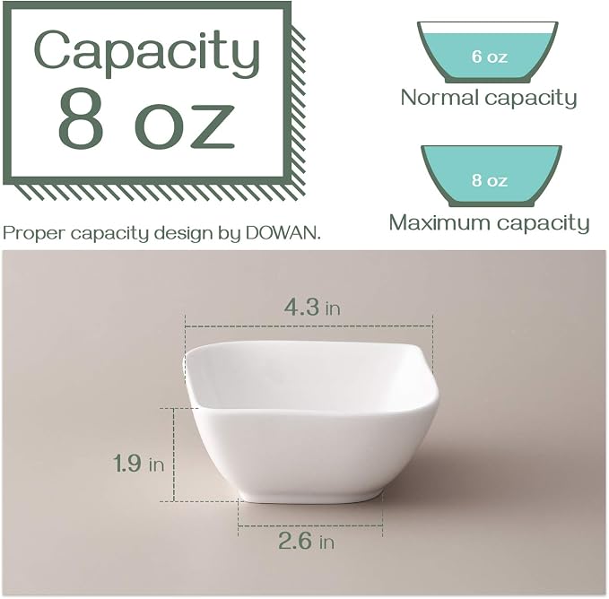 DOWAN Ramekins 8 oz Oven Safe, Creme Brulee Ramekin, Semi-Square Dessert Bowls, Small Serving Bowls, Porcelain Sauce Souffle Dishes, Dipping Custard Cups, Set of 6, Soft White